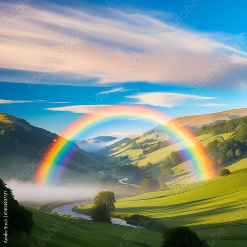 Mountain landscape with a river in the middle and a full curved rainbow