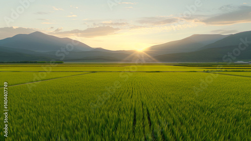 Golden Hour Serenity A Breathtaking Panorama of Lush Rice Paddies Basking in the Sunset Glow,