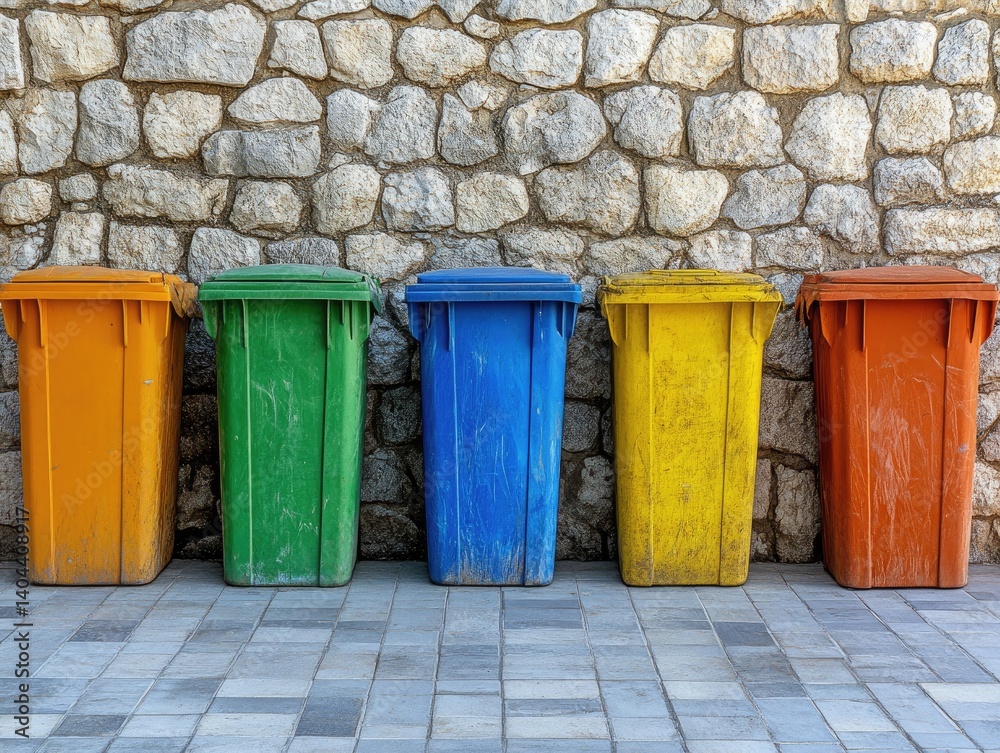 Colorful recycling bins lined up against a stone wall. Colorful recycling bins lined up against a stone wall.
