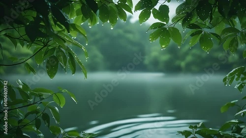 Peaceful Rainfall Echoes Through a Serene Lake Framed by Lush Green Leaves