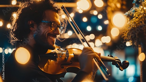 Smiling Violinist Performing at Night Under String Lights