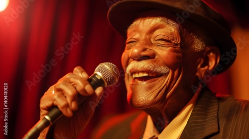 Joyful Elderly Man Singing into Microphone on Stage with Red Curtain