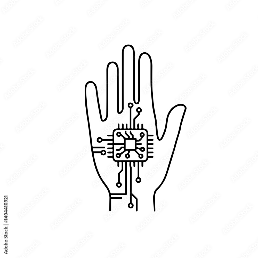 Hand with Microchip Technology Outline Design Hand with Microchip Technology Outline Design