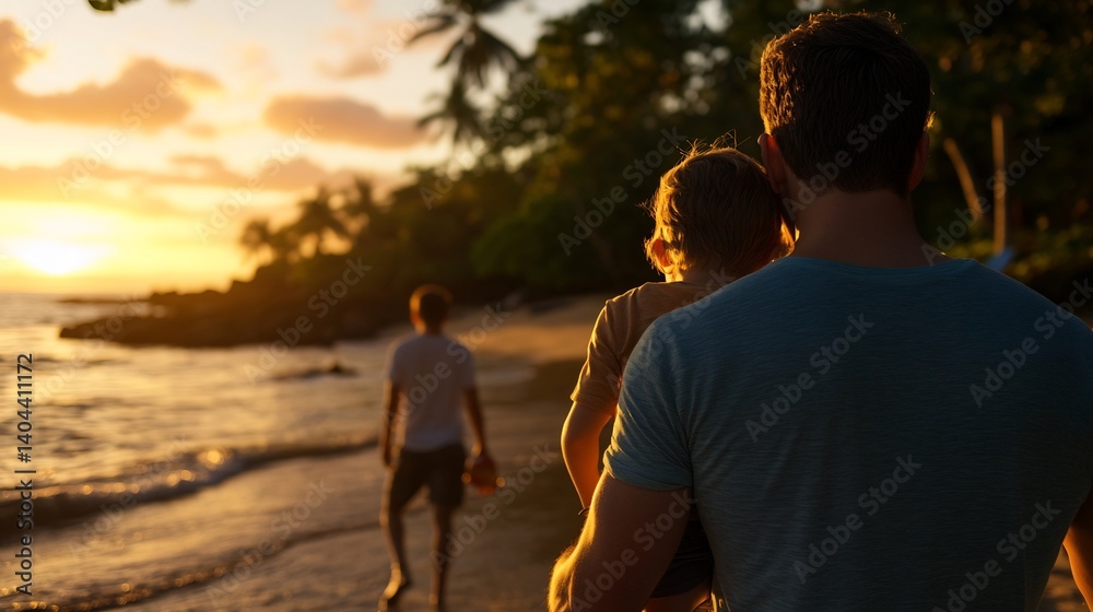 Fototapeta premium Sunset Beach Family Vacation with Tropical Paradise.