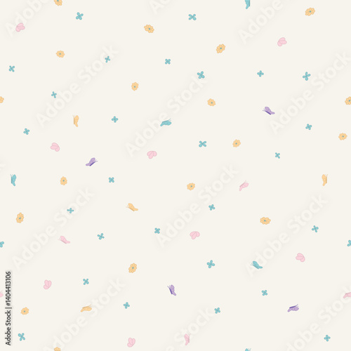 Tiny Pastel Flowers Scattered in a Ditsy Non Directional Style on an Ecru Eggshell background creating a seamless pattern print background