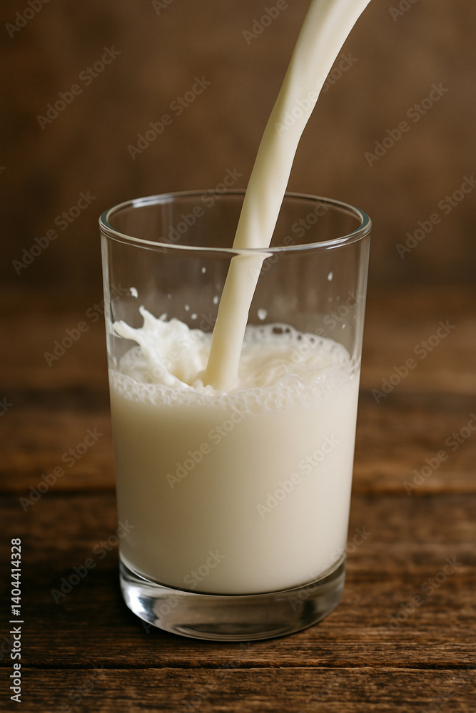 A stream of milk being poured into a transparent glass, captured mid-motion with bubbles and splash details A stream of milk being poured into a transparent glass, captured mid-motion with bubbles and splash details