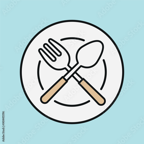 Spoon, fork, and plate icon symbolizes mealtime essentials, table setting, and everyday dining moments.