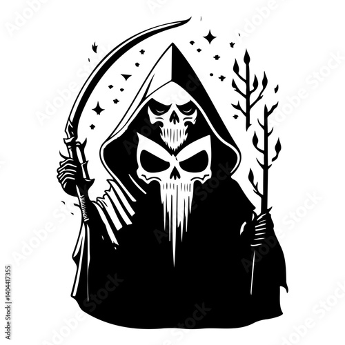 Monochrome Grim Reaper Figure Vector Illustration