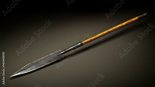 Antique Spear Weapon.  A long, pointed spear with a wooden handle and a dark metal blade.  The spearhead is sharply pointed
