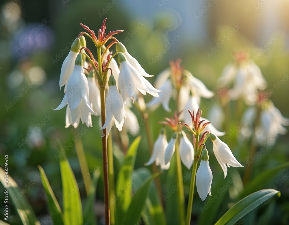 Obraz premium Dicentra cucullaria, known as Dutchman breeches flower in garden. Beautiful delicate white blooming spring flowers. Green leaves, natural light, floral background, botanical illustration.