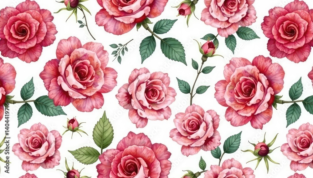 Delicate watercolor roses in a continuous, repeating pattern , repeat pattern, botanical