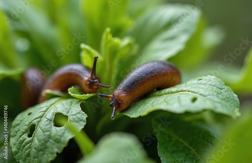 Snails on green salad leaves. Garden pests damage food crops. Problems in organic farming, agriculture. Natural pest control. Summer harvesting and gardening.