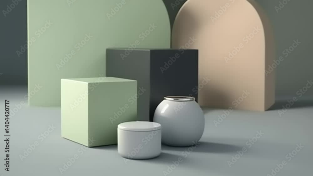 Abstract arrangement of geometric shapes and containers in a minimalist setting