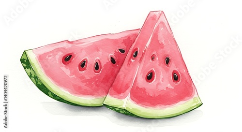 Hand-drawn watercolor illustration of a sliced watermelon with seeds, soft pink and green tones, white background, minimal style 
