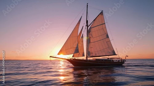 Beautiful Wooden Sailing Boat Under Sail at Sunset