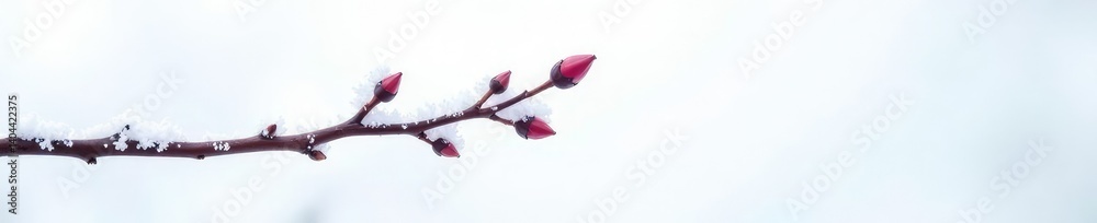 Single branch with bare buds on white background, icy, snow, frostbite Single branch with bare buds on white background, icy, snow, frostbite