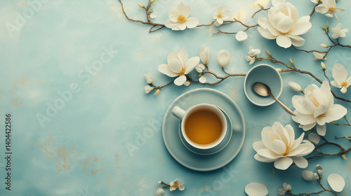 Elegant Tea Setting with Magnolia Blossoms – Flat Lay of Teacup and Spoon on Light Blue Background with White Flowers