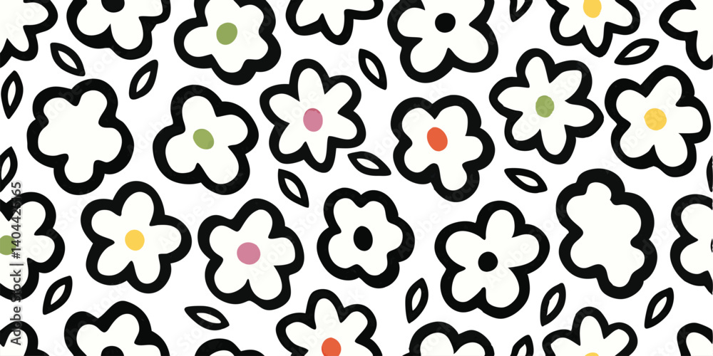 Fototapeta premium Colorful Floral Pattern Vector | Seamless Design with Black-Outlined Flowers and Leaves