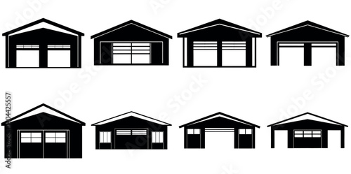Selection of Black and White Garage Illustrations with Different Door Styles vector silhouette line art Generative AI