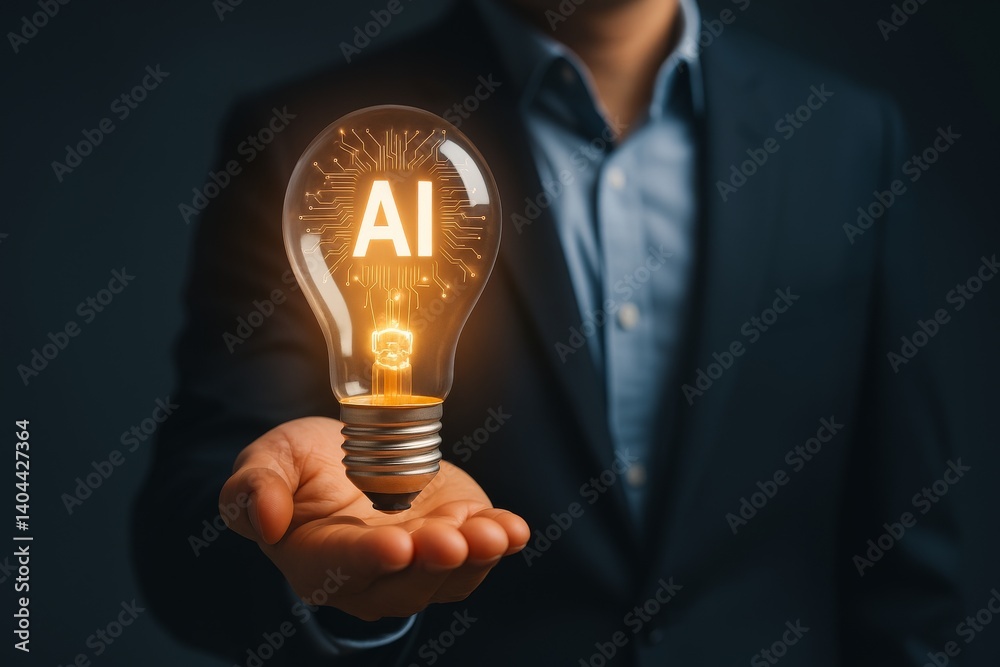 AI Concept in Hand: A man, representing innovation, holds a glowing light bulb. The light bulb glows with AI Concept in Hand: A man, representing innovation, holds a glowing light bulb. The light bulb glows with