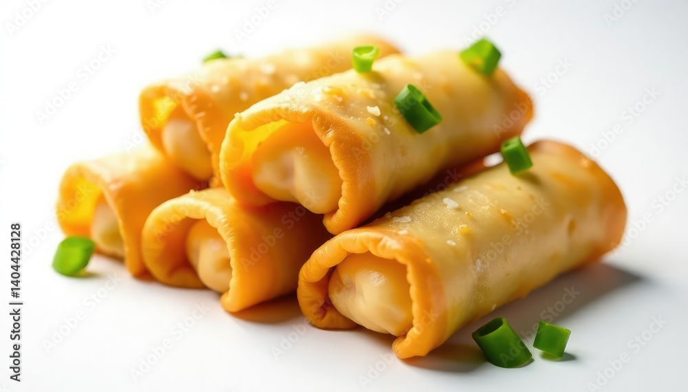 Crispy spring rolls arranged on white background, eat, dipping sauce, cuisine Crispy spring rolls arranged on white background, eat, dipping sauce, cuisine