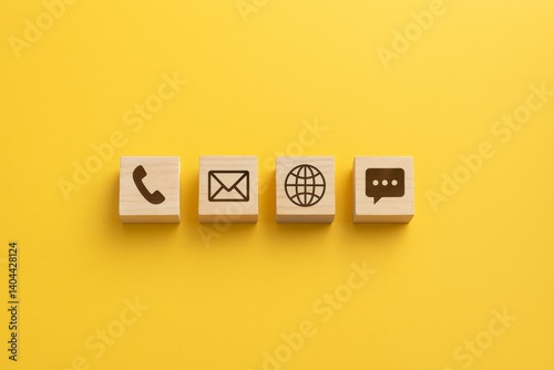 Contact Us: Wooden blocks with contact icons on yellow background.