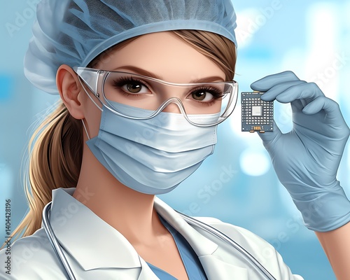 Woman holding chip, medical lab