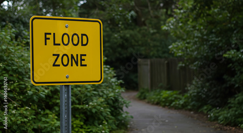 Yellow Flood Zone Sign with Black Text Next to a Winding Road Surrounded by Green Foliage on a Cloudy Day