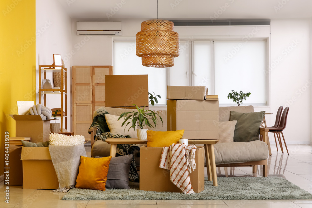 Furniture with cardboard boxes in room on moving day