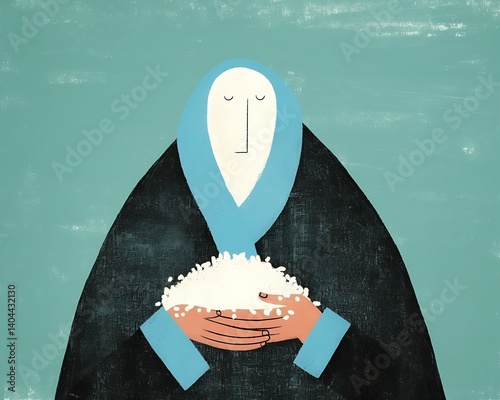 Woman Holds Rice, Teal Background