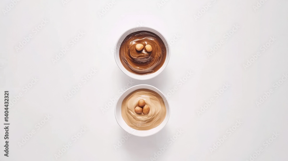 Creamy Chocolate and Hazelnut Spread in Bowls on White Background Showing Smooth Textures Creamy Chocolate and Hazelnut Spread in Bowls on White Background Showing Smooth Textures