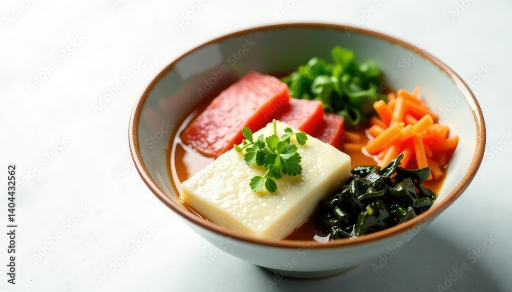 Misoshiru bowl, tofu, seaweed on pristine white, simple food, japanese soup Misoshiru bowl, tofu, seaweed on pristine white, simple food, japanese soup