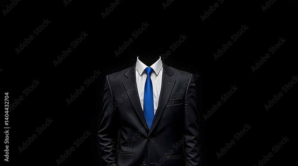 Faceless suit on black. Concept for anonymity, identity, and business. Minimalist composition with strong contrast. Ideal for mystery or corporate themes. Faceless suit on black. Concept for anonymity, identity, and business. Minimalist composition with strong contrast. Ideal for mystery or corporate themes.