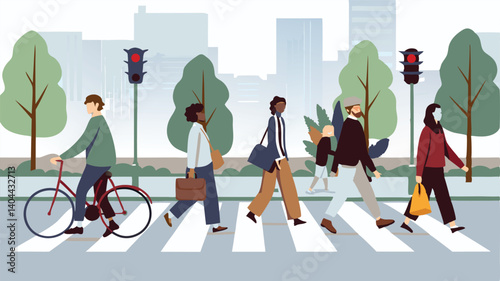 Urban Pedestrian Crosswalk Vector | Diverse City Life Illustration with Traffic Signals