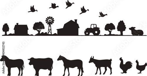 Farm Silhouette Vector Art | Rustic Scene with Animals, Barns, Trees, and Windmill