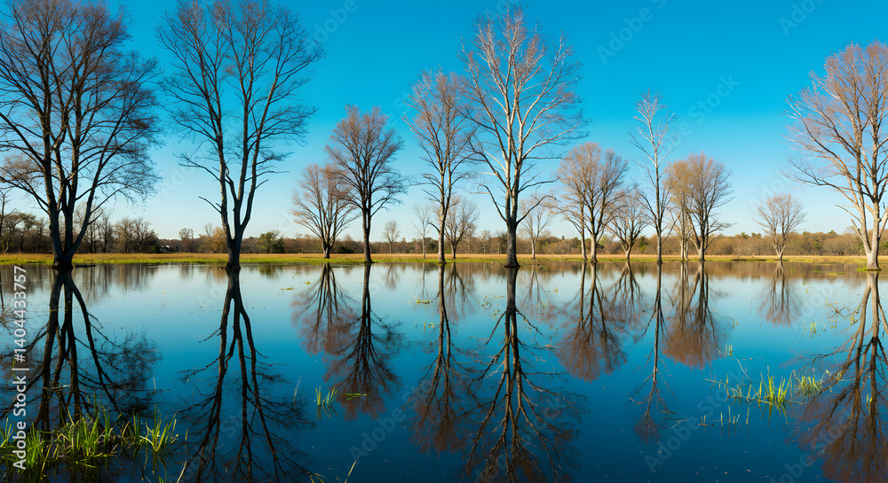 Obraz premium Reflective Waterscape with Leafless Trees in a Calm Blue Water Under Clear Sky in Horizontal View