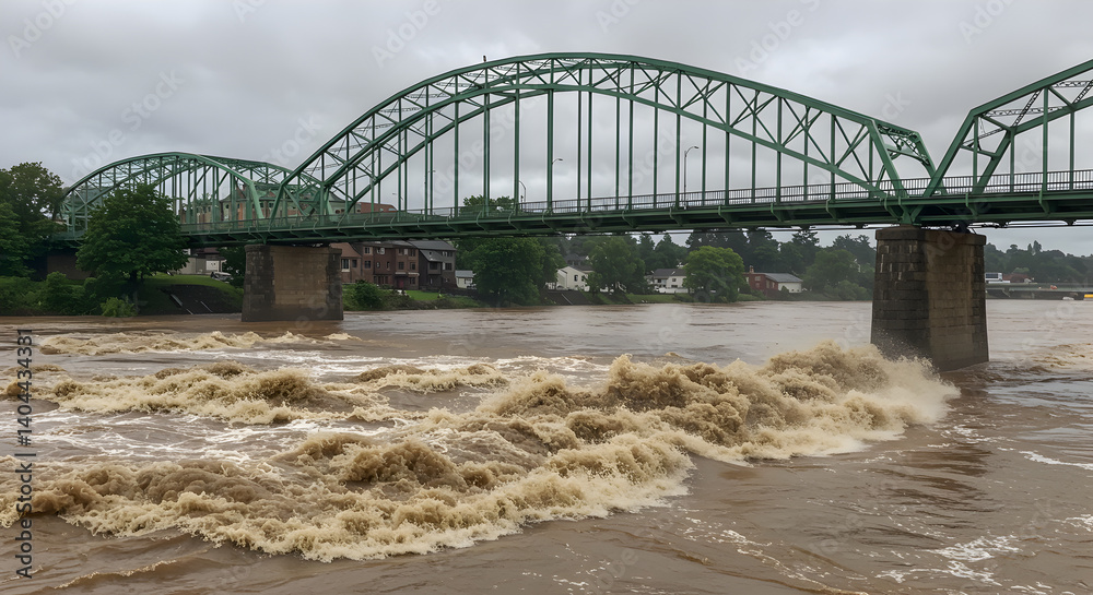 Naklejka premium Raging River Overflows Under Green Bridge After Stormy Weather in a Rural Town