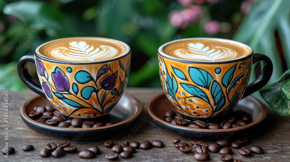 Fototapeta premium Vibrant Coffee Cups with Floral Design in a Cozy Outdoor Café Setting