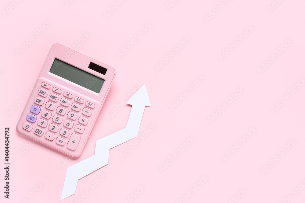 Calculator with arrow on pink background. Concept of rising price Calculator with arrow on pink background. Concept of rising price