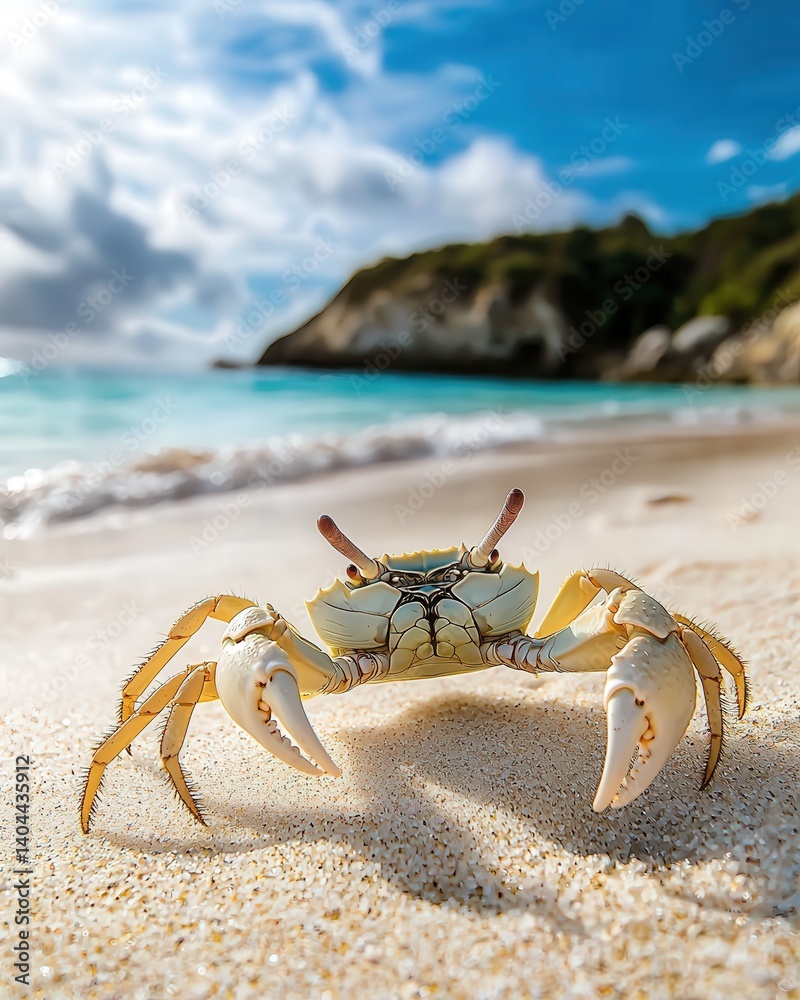 A crab on a sandy beach, its claws raised defensively A crab on a sandy beach, its claws raised defensively