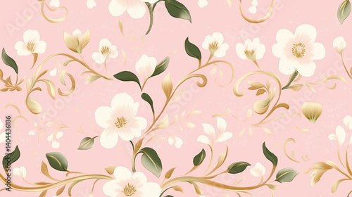 Seamless Floral Pattern with White Flowers on Pink Background – Elegant Vintage Design Featuring Green Leaves and Golden Swirls
