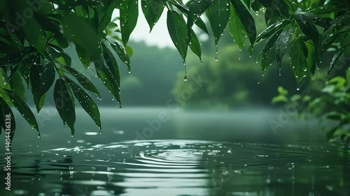 Glistening Leaves and Gentle Rain Reflect a Tranquil Lakeside Dream of Peace