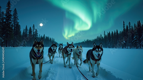 Husky dogs running on a snowy trail
