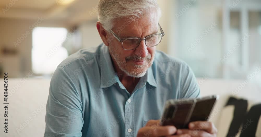 Senior man, home and phone text on sofa with online puzzle game, blog and digital news in retirement. Morning, mobile and app scroll with technology in a lounge with website search and relax in house Senior man, home and phone text on sofa with online puzzle game, blog and digital news in retirement. Morning, mobile and app scroll with technology in a lounge with website search and relax in house