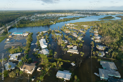 Aftermath of natural disaster. Surrounded by hurricane rainfall flood waters homes in Florida residential area