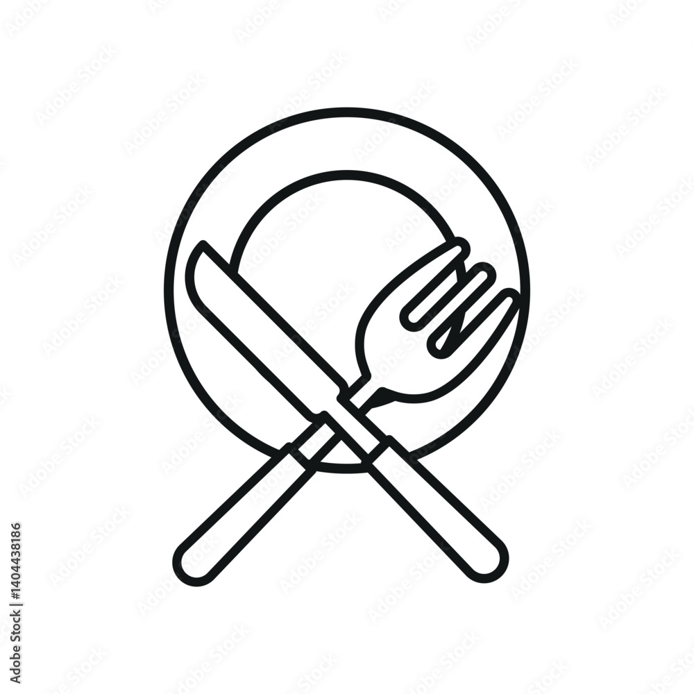 Knife, fork, and plate icon illustrates classic table setup, ideal for dining, meals, and food service. Knife, fork, and plate icon illustrates classic table setup, ideal for dining, meals, and food service.