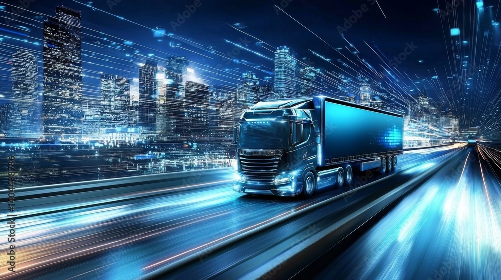 Fototapeta premium A futuristic semi truck races through a vibrant digital cityscape.