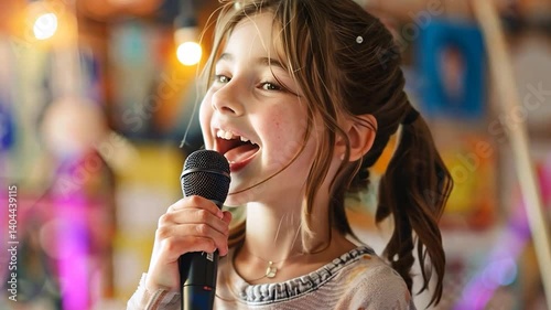 Little girl singing joyfully into a microphone, capturing the pure essence of childhood talent and passion.