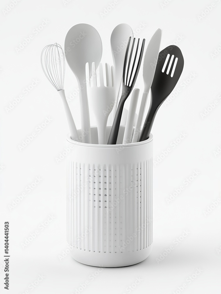 3D Render of Minimalist Cooking Utensil Holder with Assorted Tools on White Background 3D Render of Minimalist Cooking Utensil Holder with Assorted Tools on White Background