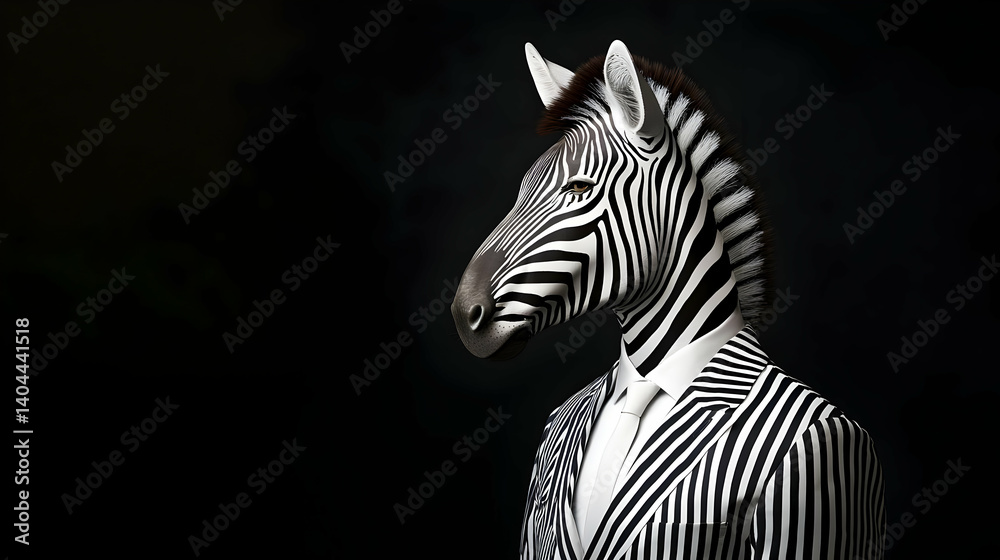 Naklejka premium Zebra In Formal Black And White Striped Suit Against Dark Background Studio Portrait With Fashionable And Artistic Surreal Concept